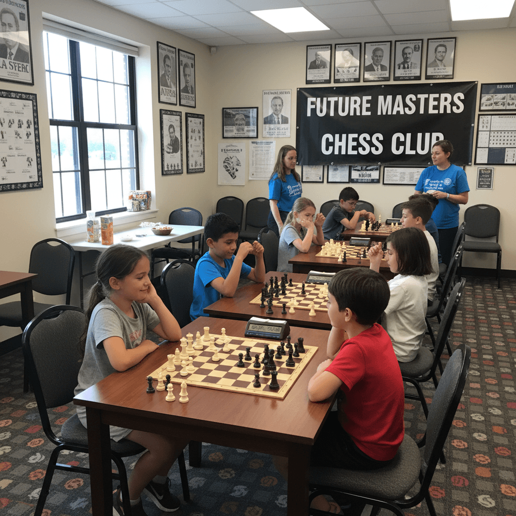 Group of children playing chess together at a club table