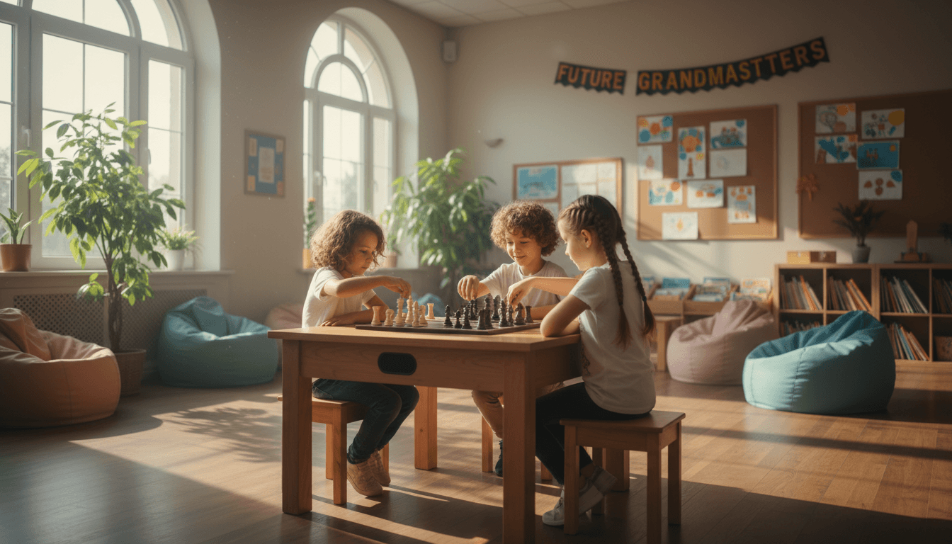 Young children focused on a chess game at a table in a bright community room