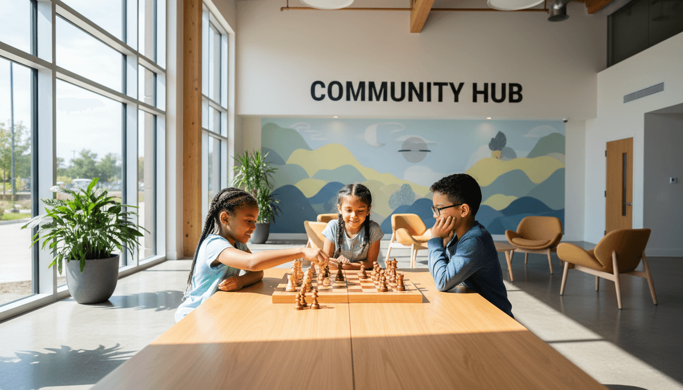 children playing chess at a wooden table in a bright modern community room with natural light