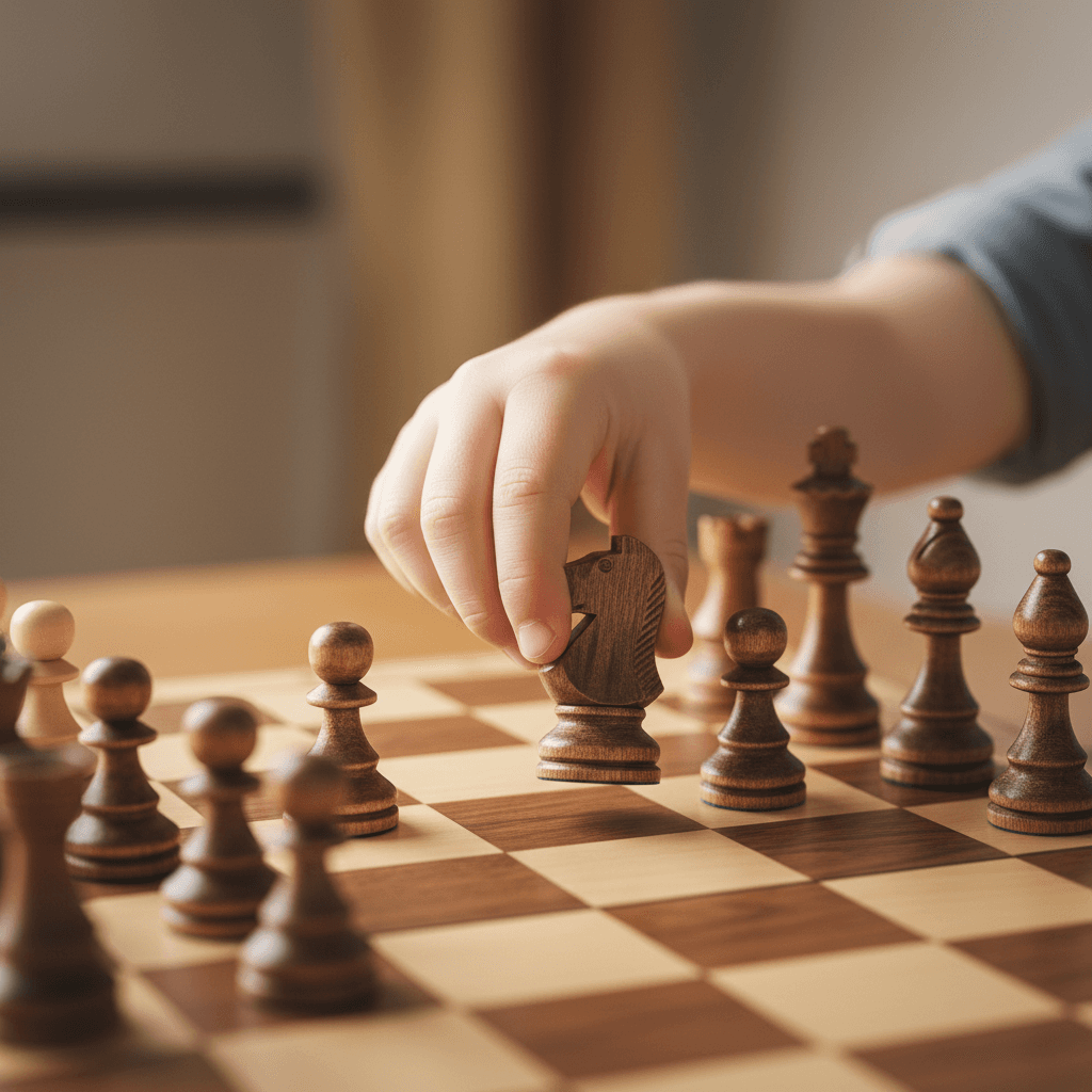 Closeup of chess pieces on board with young hands moving piece