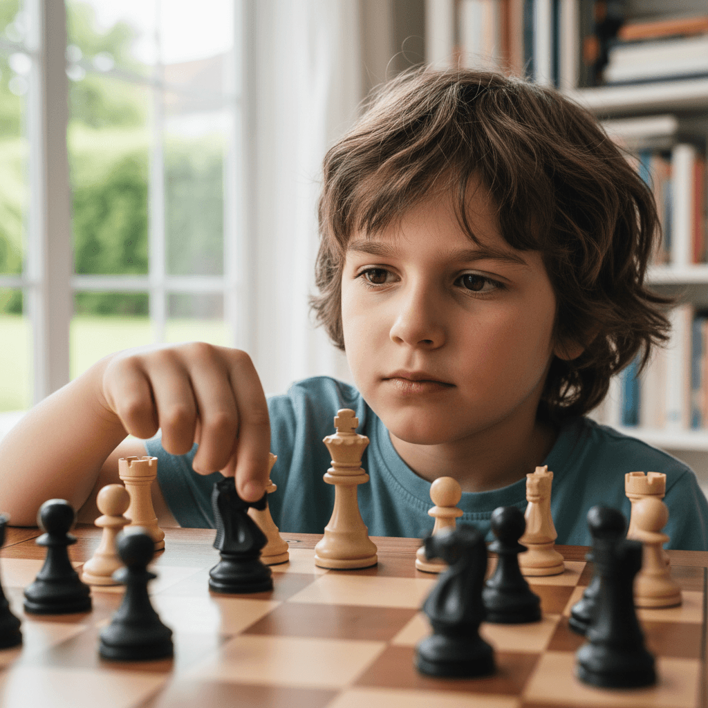 Child touching a chess piece while looking ahead thoughtfully