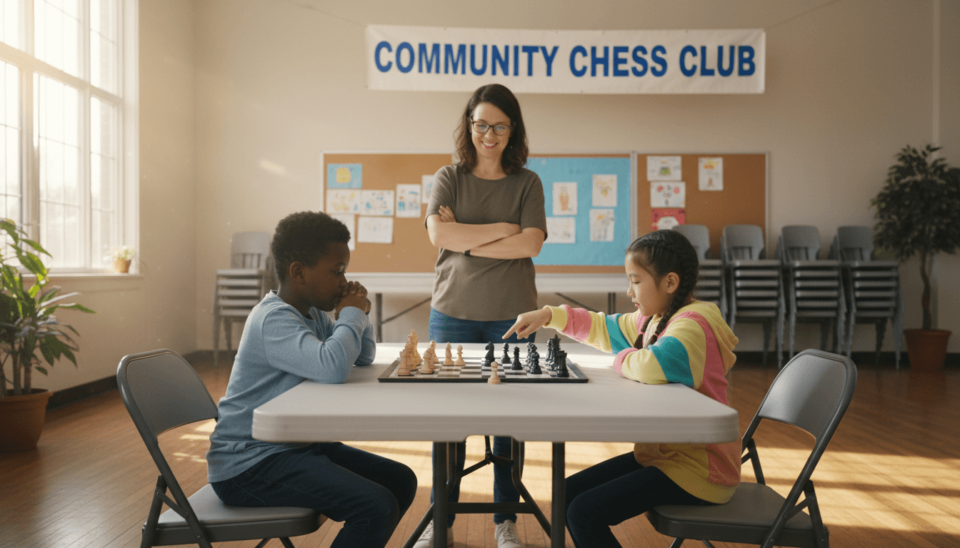 Young chess players concentrating over a chessboard during a club session