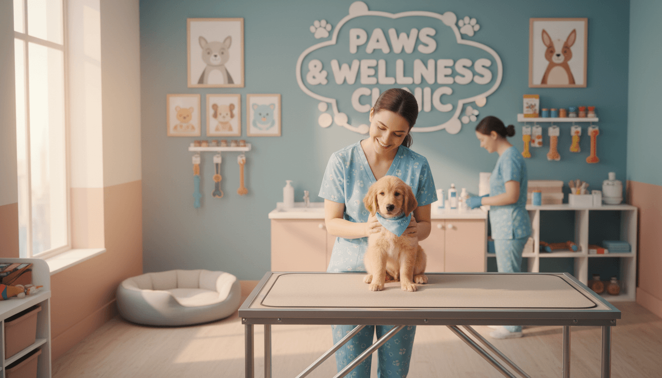 Warm and friendly pet clinic examination room