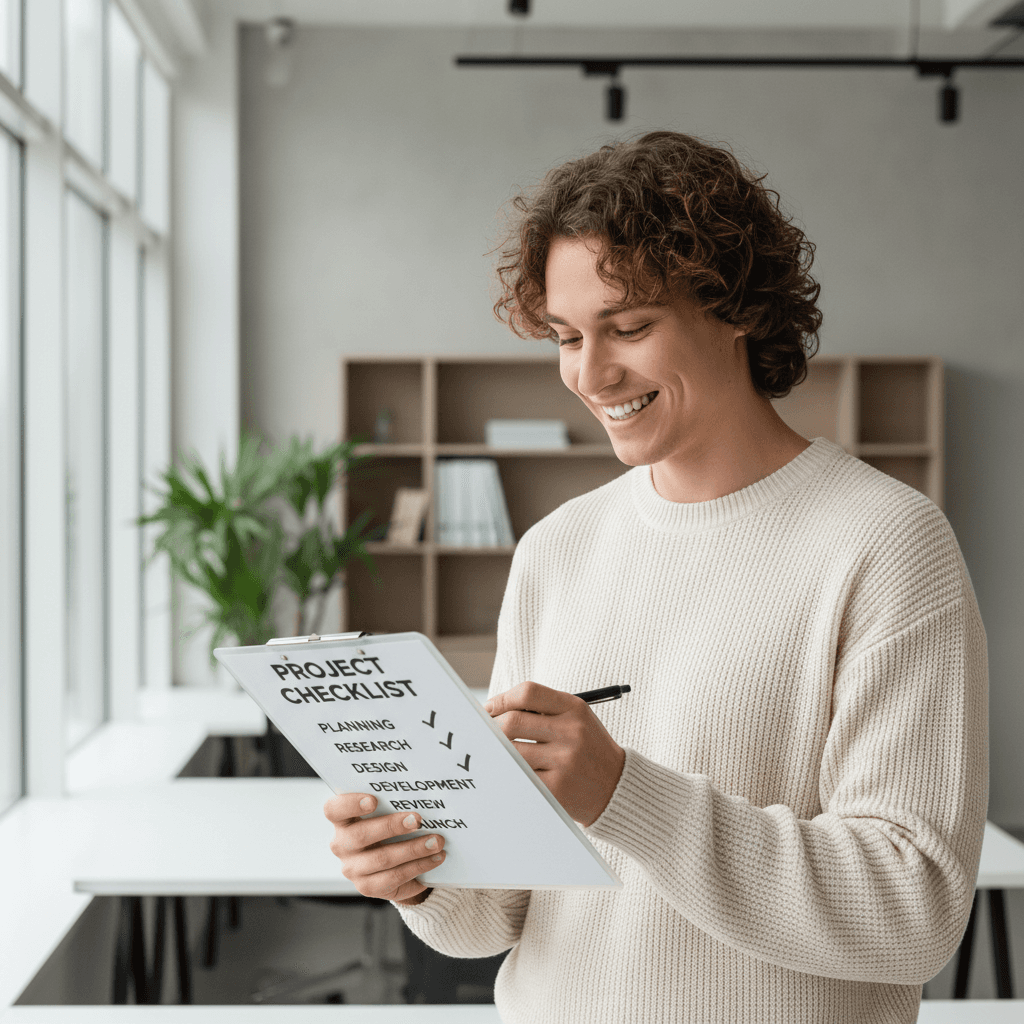 Person reviewing a checklist on a clipboard in a bright office
