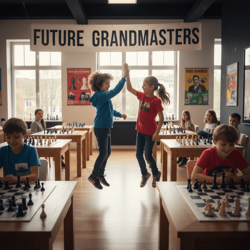 Two children celebrating with a high-five in a bright chess club