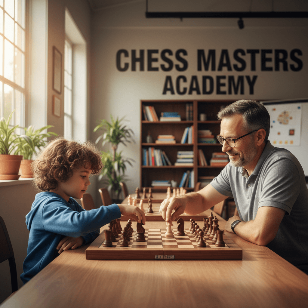 Child playing chess with coach at table in bright indoor setting