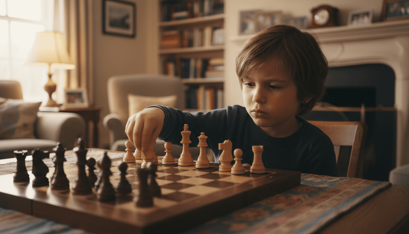 Child playing chess at a table with focused expression