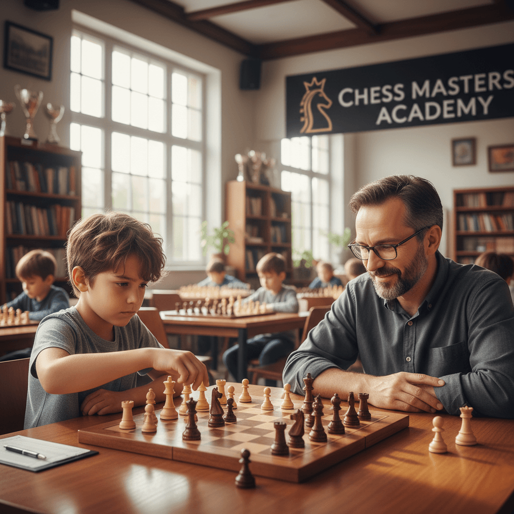 Young chess player concentrating on board during lesson with coach in bright chess club