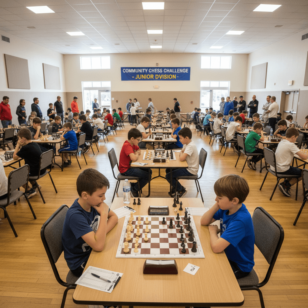 Junior chess tournament with multiple young players competing