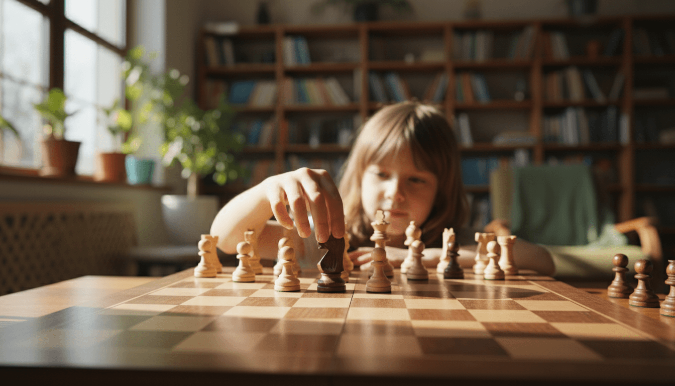 Child's hands moving a chess piece on a wooden board in warm natural light