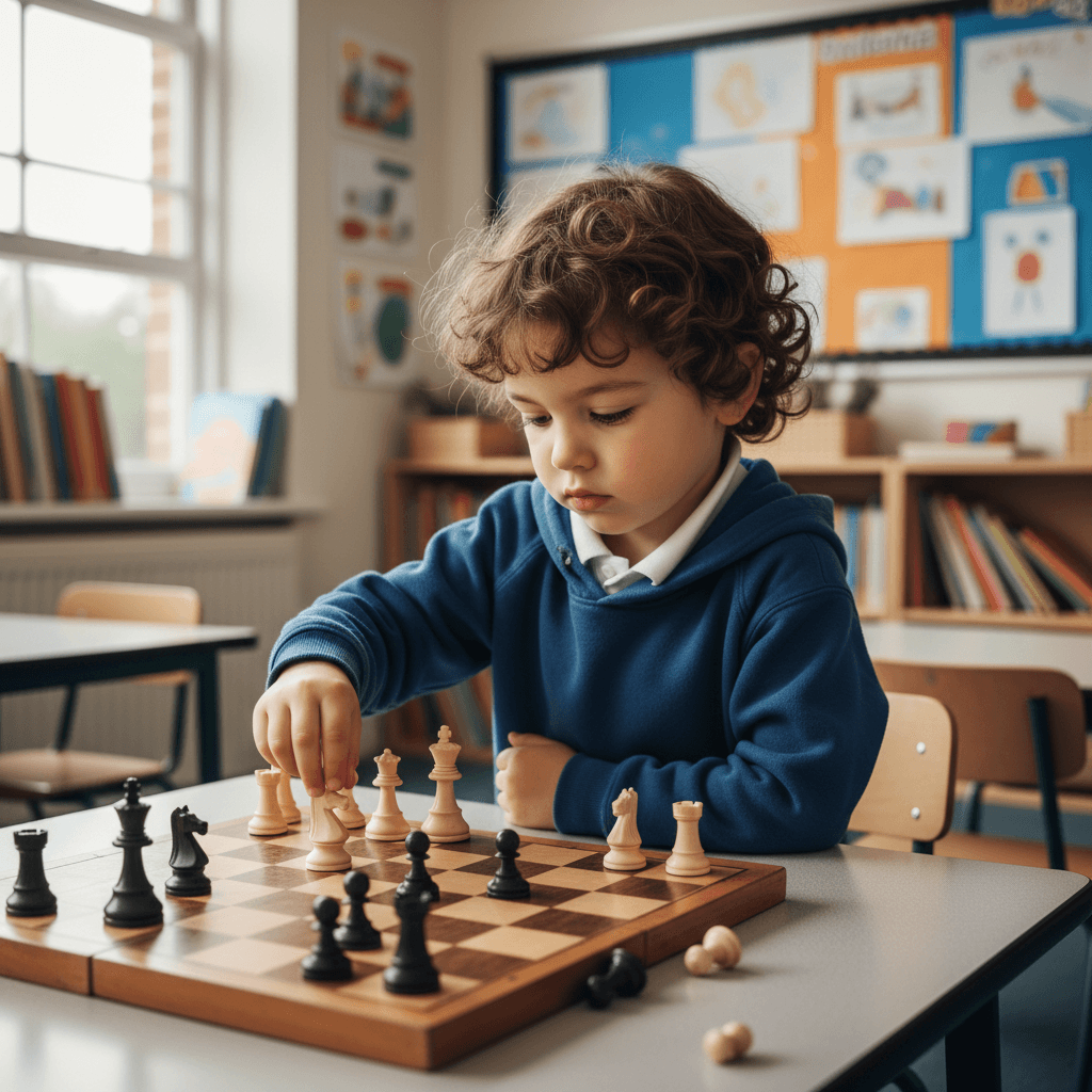 Young child deeply focused on a chess board with pieces in a classroom setting