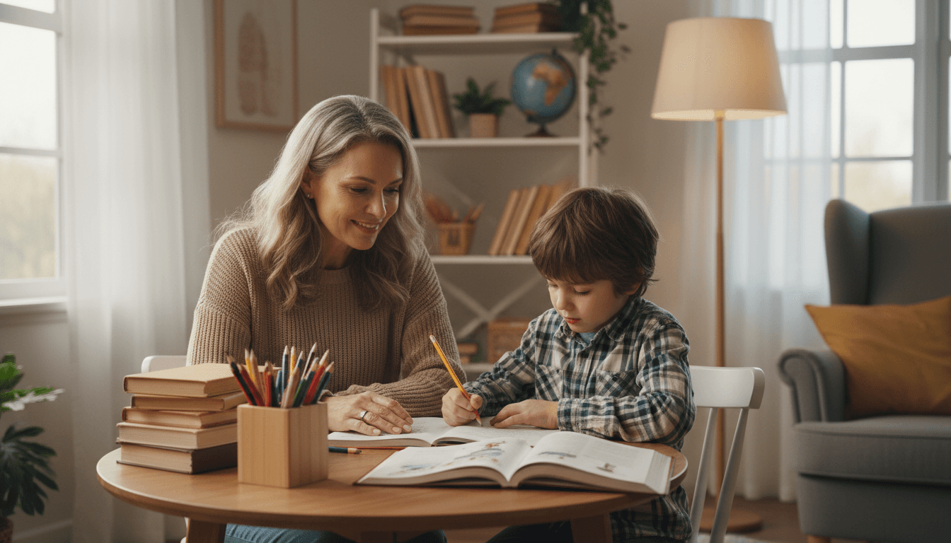 Child receiving homework help from a friendly tutor