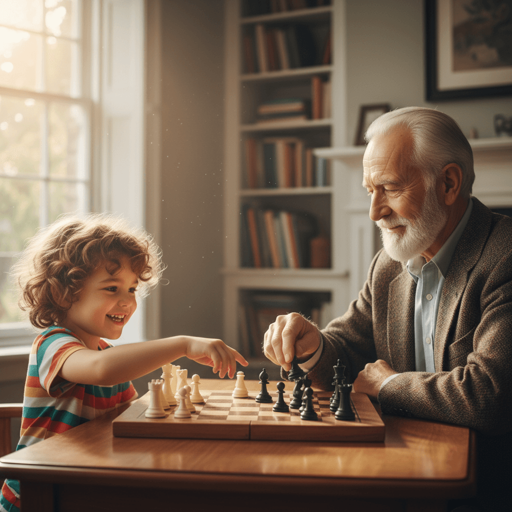 Young chess player smiling during a friendly match