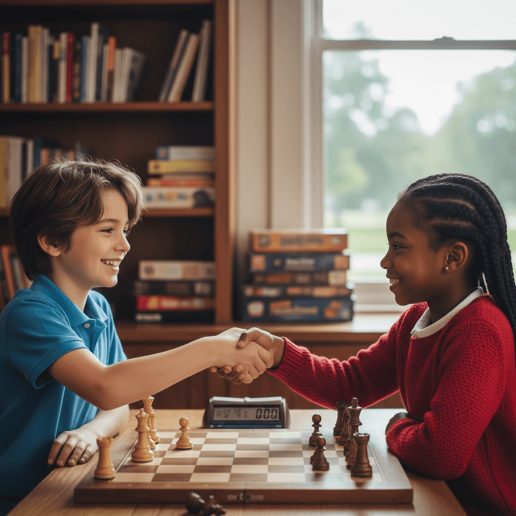 Two young children shaking hands after a chess match