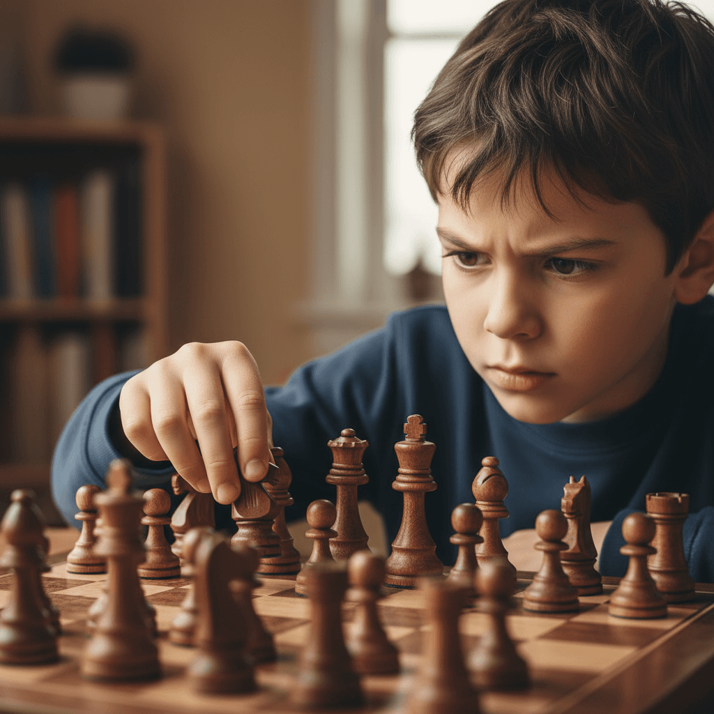 Child chess player hand resting on a wooden chess piece mid-game