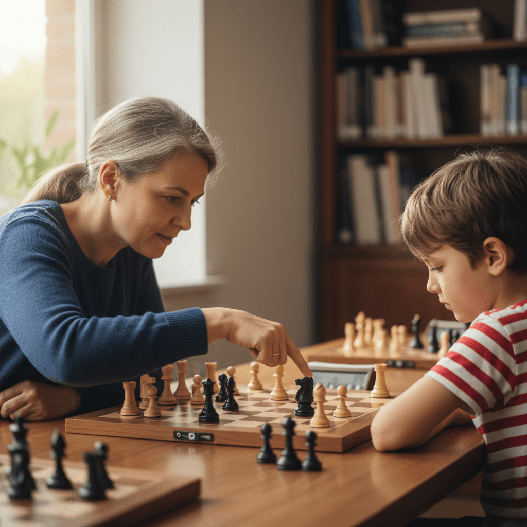 Chess coach leaning over a chess board with a young student pointing at a piece
