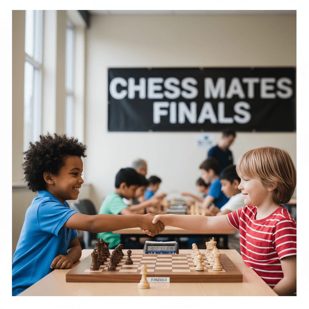 Child sportsmanlike handshake with opponent after chess match