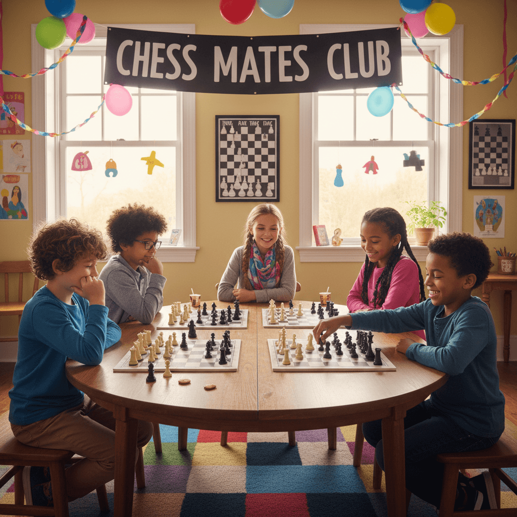Group of children sitting around a table playing chess in a cheerful setting