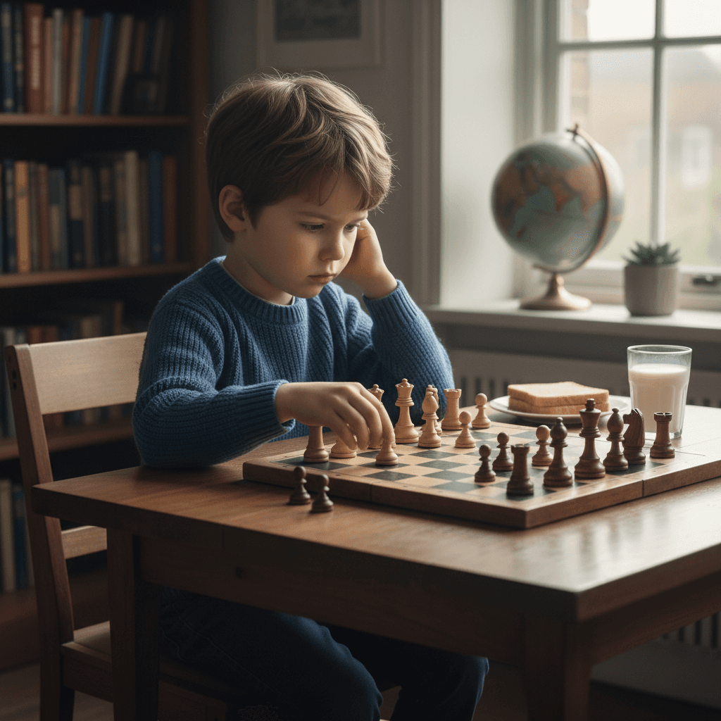 Child concentrating deeply on a chess board during a game