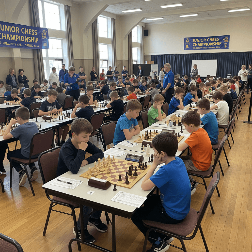 Children competing at a chess tournament with clocks and score sheets