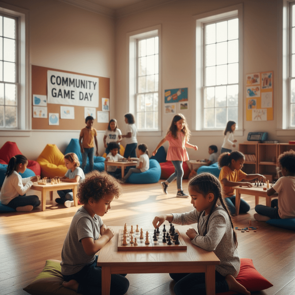 Children playing chess in a bright community hall with other kids