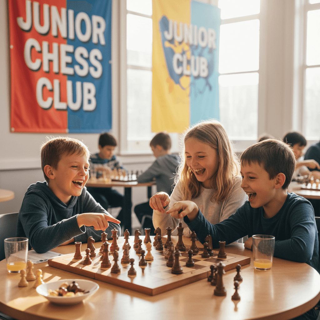 Children laughing and pointing at a chess board during a friendly game