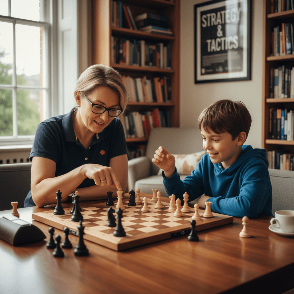Chess coach reviewing a game with a young player