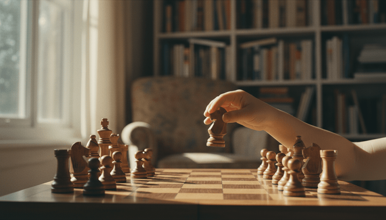 A warm, candid editorial photography style medium shot of a child's hands gently holding a chess piece over a wooden board