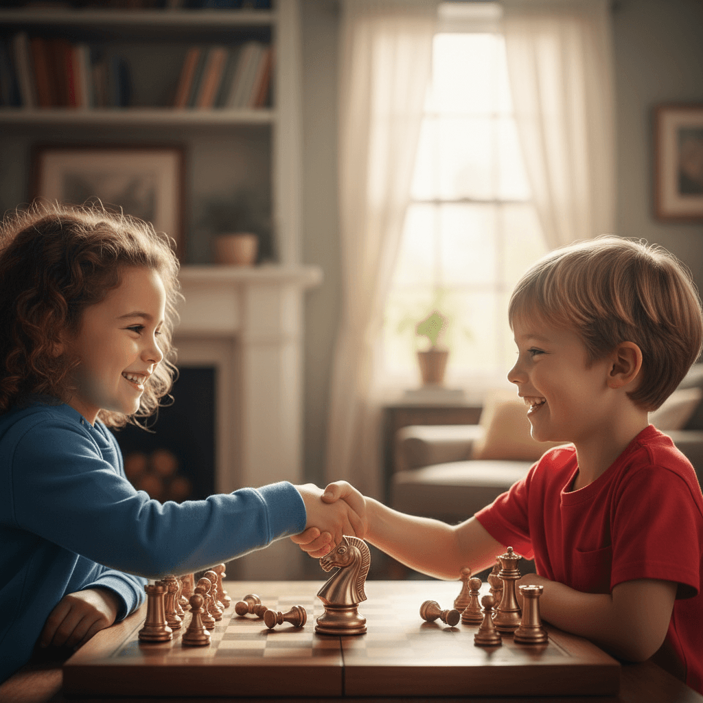Two children shaking hands over a chessboard after a game