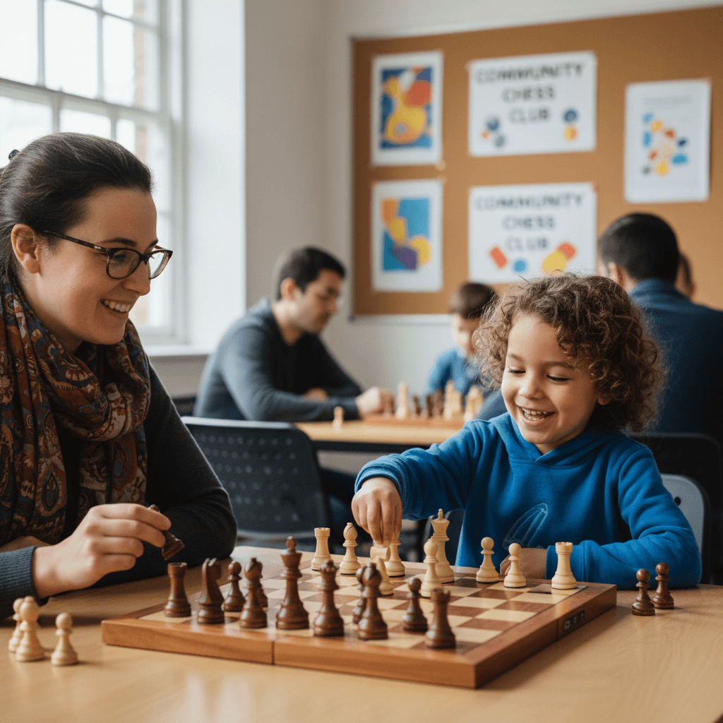 Smiling child playing chess with a coach at a table in a community centre