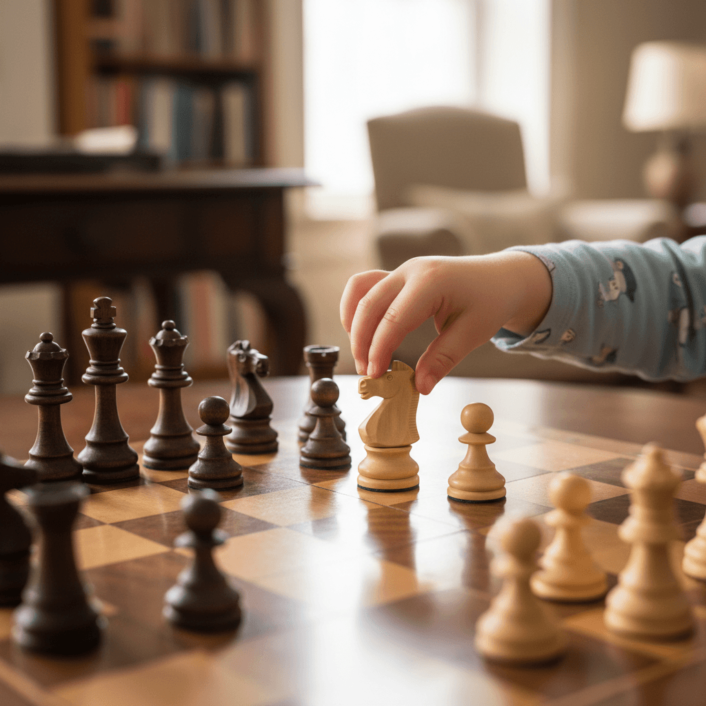 Several chess pieces on board, child hand reaching to make a strategic move