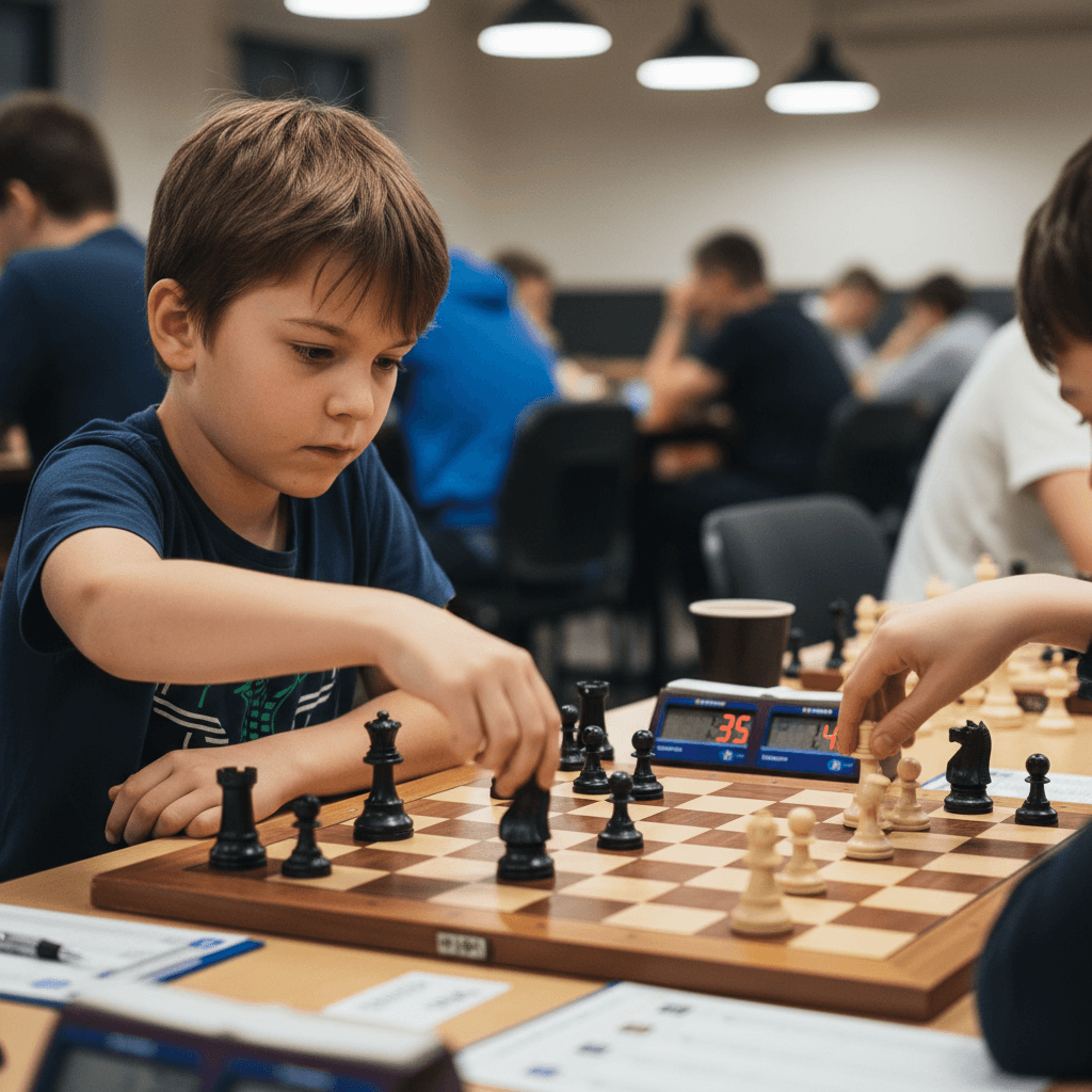 Child making a quick move during a rapid chess game