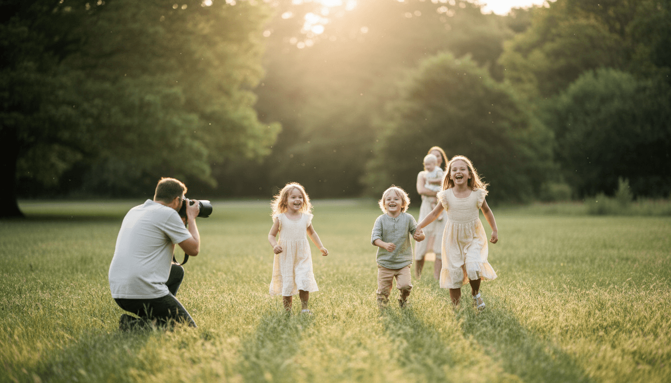 Photographer capturing candid family moments in a park