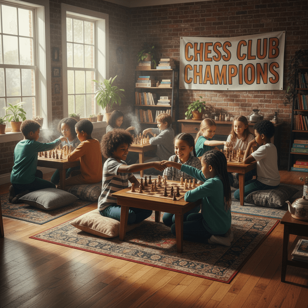 Diverse group of children seated around chess boards in a warm indoor setting