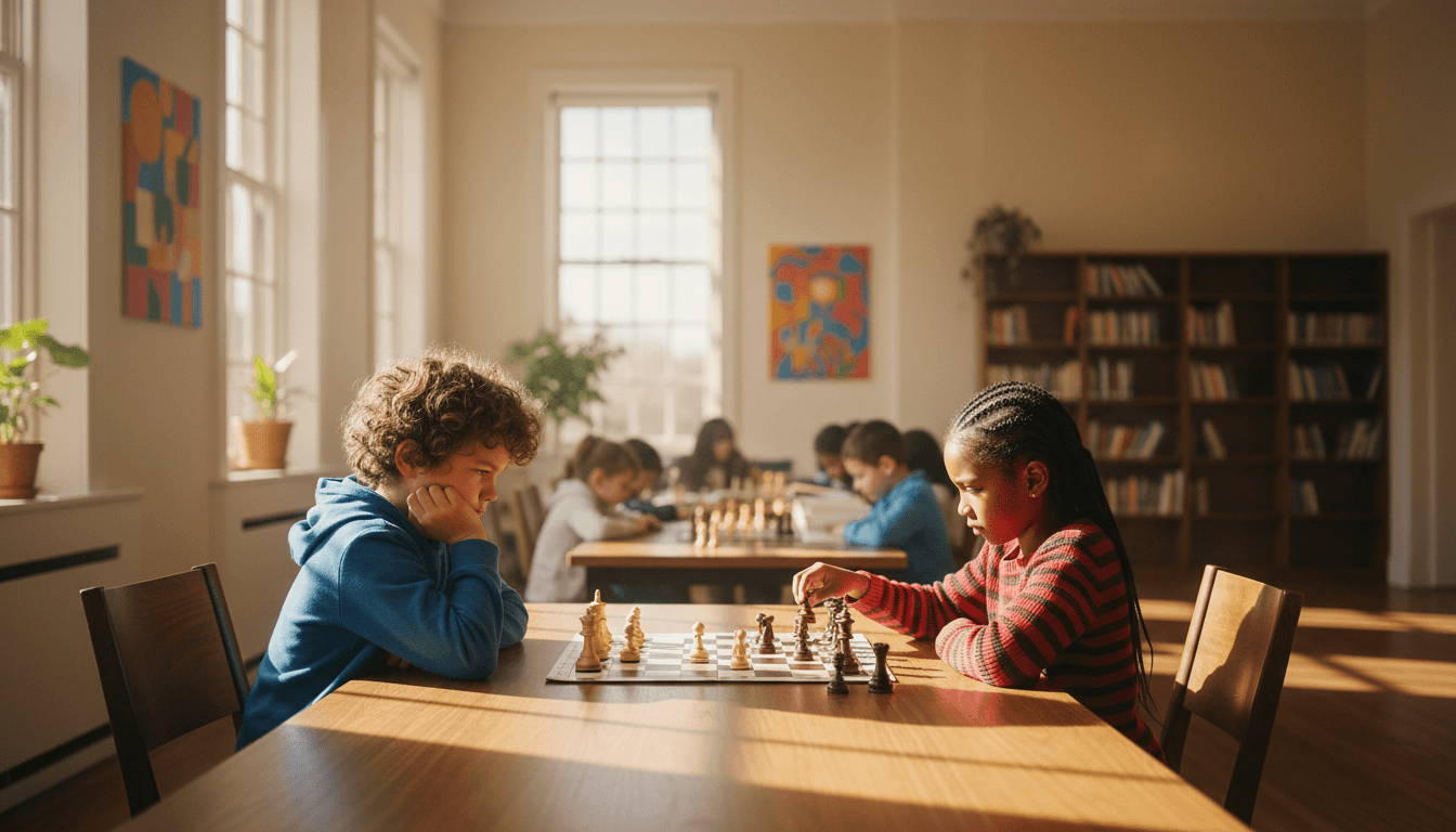 Children playing chess at a table in a bright room