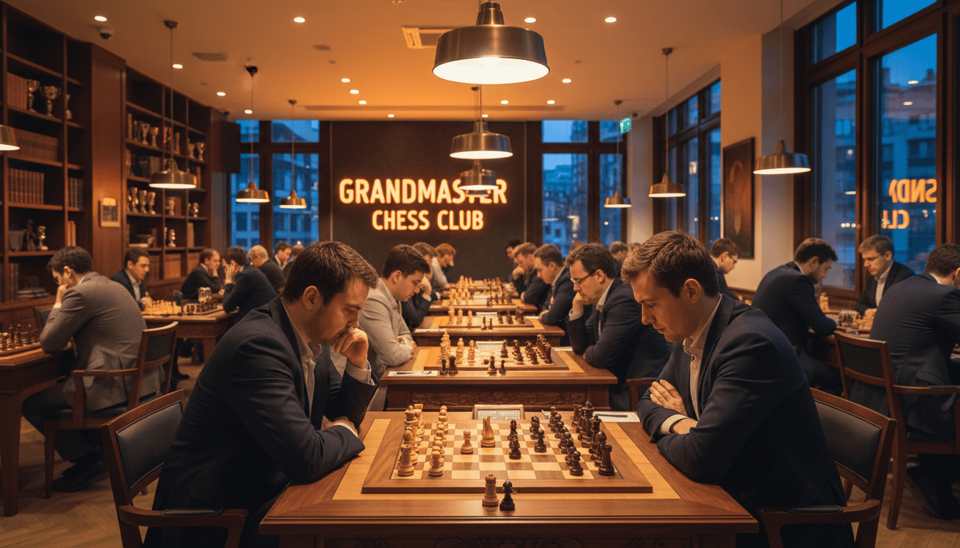 professional chess players in a modern club with warm lighting and wooden chessboards
