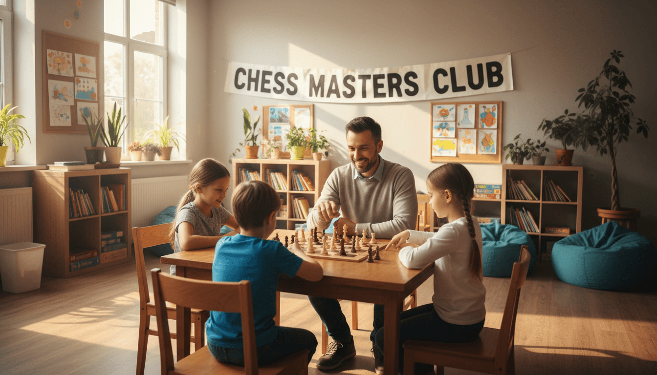 Children playing chess at a table with a coach in a bright community room