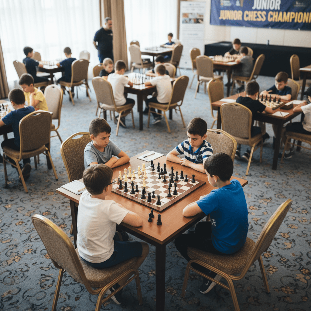 Children sitting quietly around a chess table during a tournament