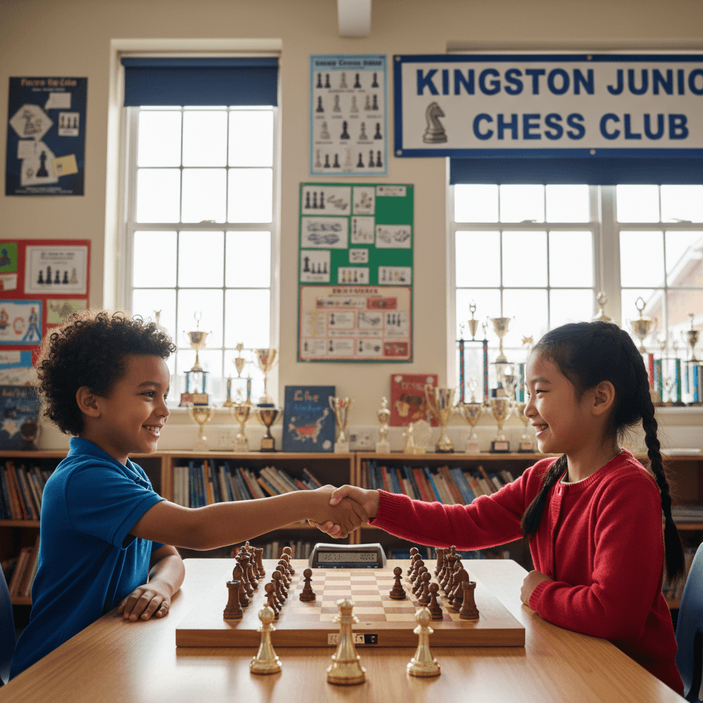 Two young children shaking hands after a chess match