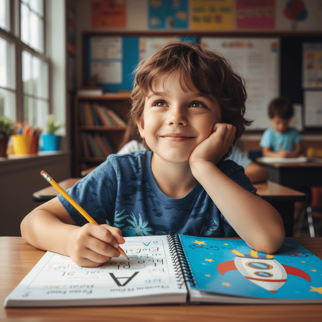 Child at school desk looking thoughtfully at notes