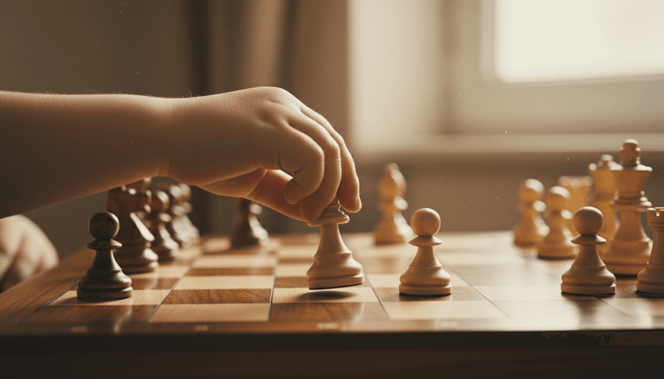 Child's hands moving a chess piece on a wooden board