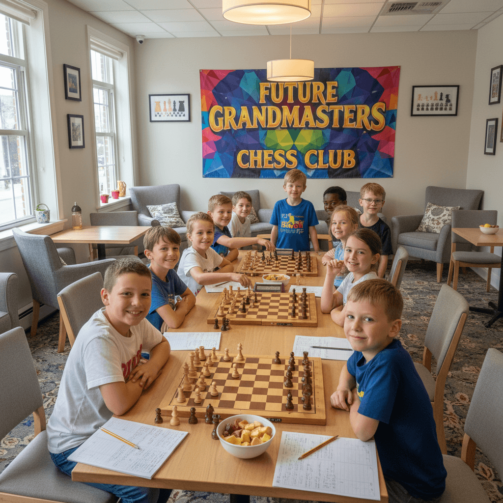 Children playing chess in a group setting