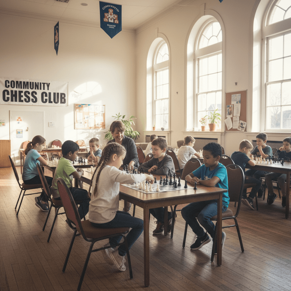 Group of children playing chess in community hall with natural light