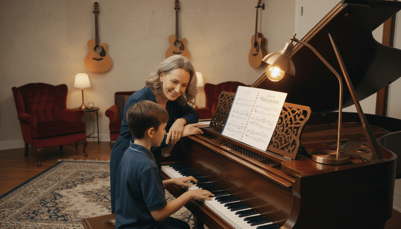 Young student practicing piano with a friendly teacher
