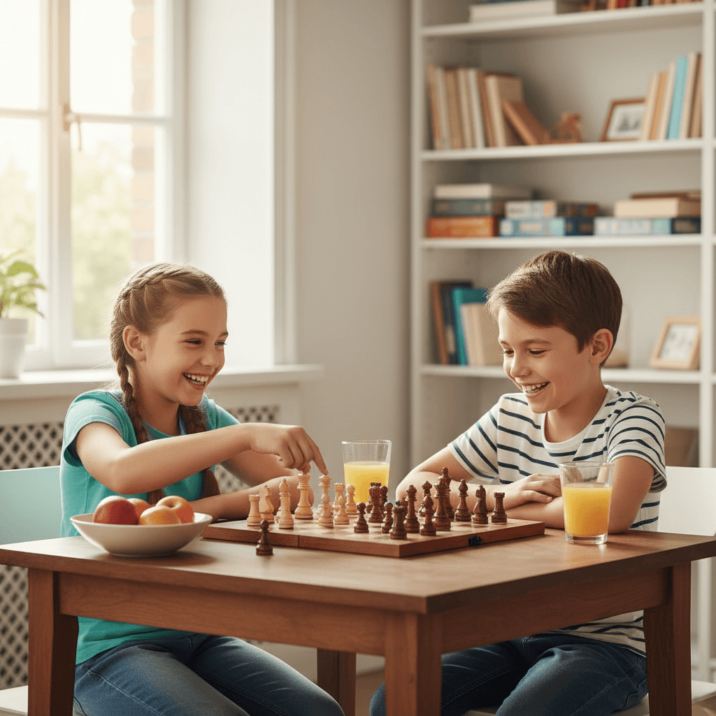 Two children sitting at a table playing chess together with smiles