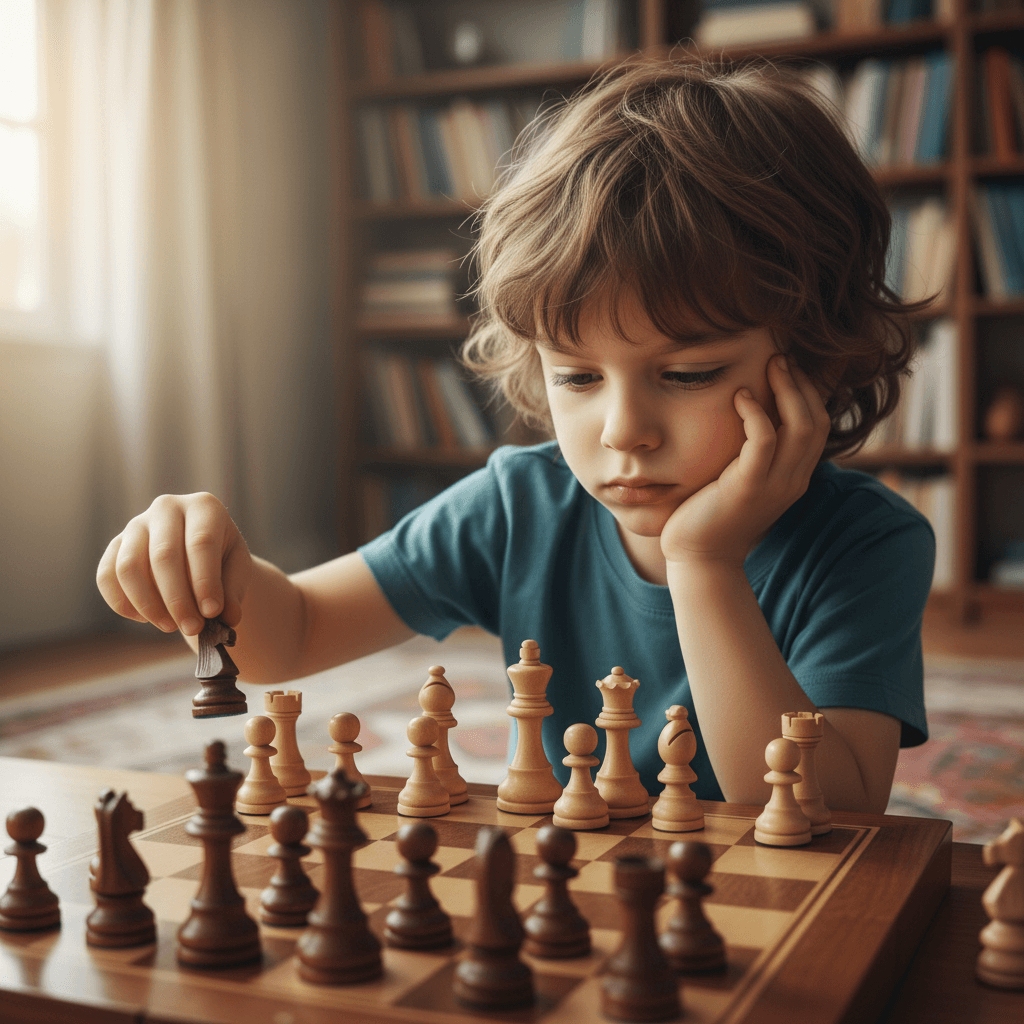 Child concentrating on a chess board thinking about the next move
