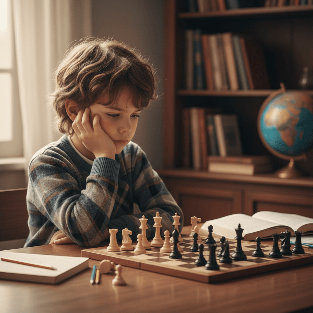 Child studying a chess board with hand on chin in deep thought