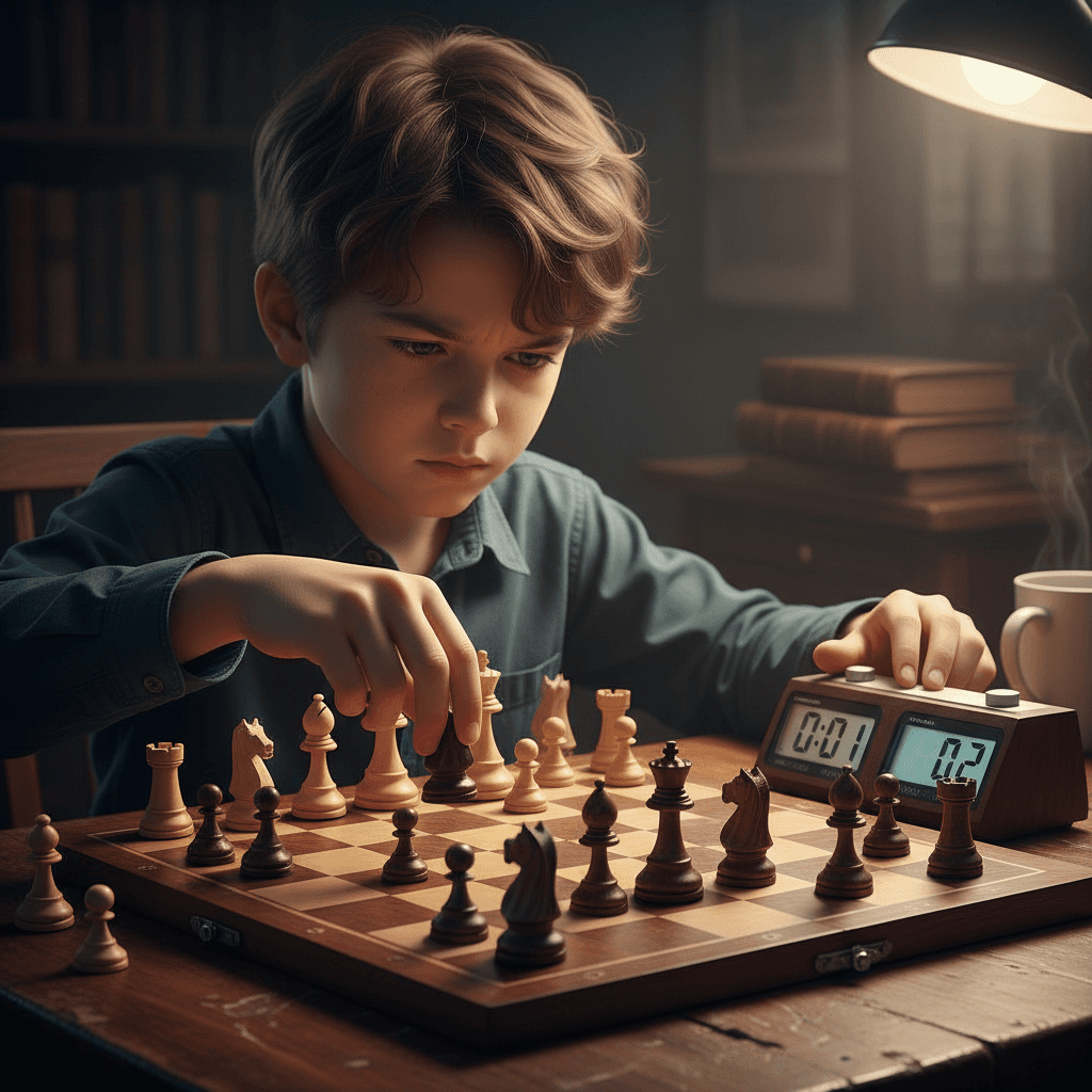 Young chess player focused on timed game with chess clock