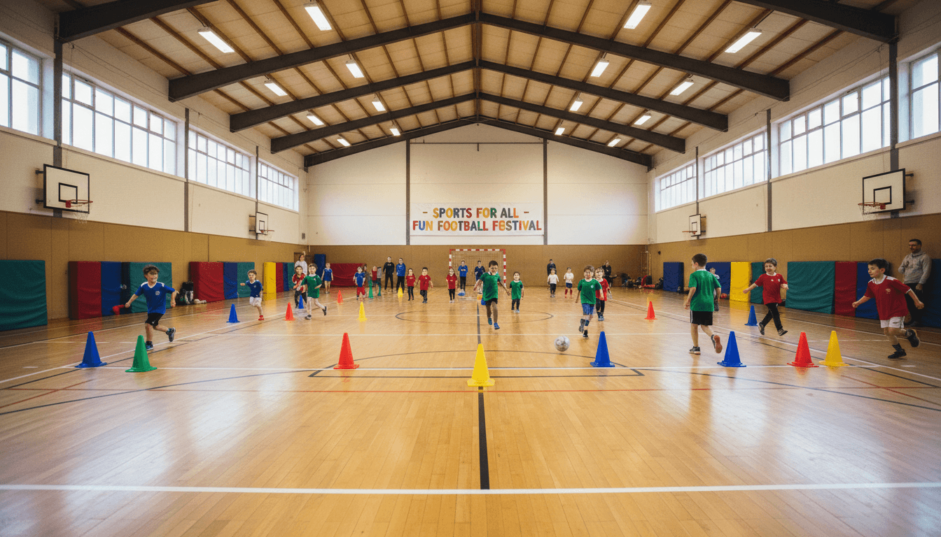 Children playing football in a bright sports hall