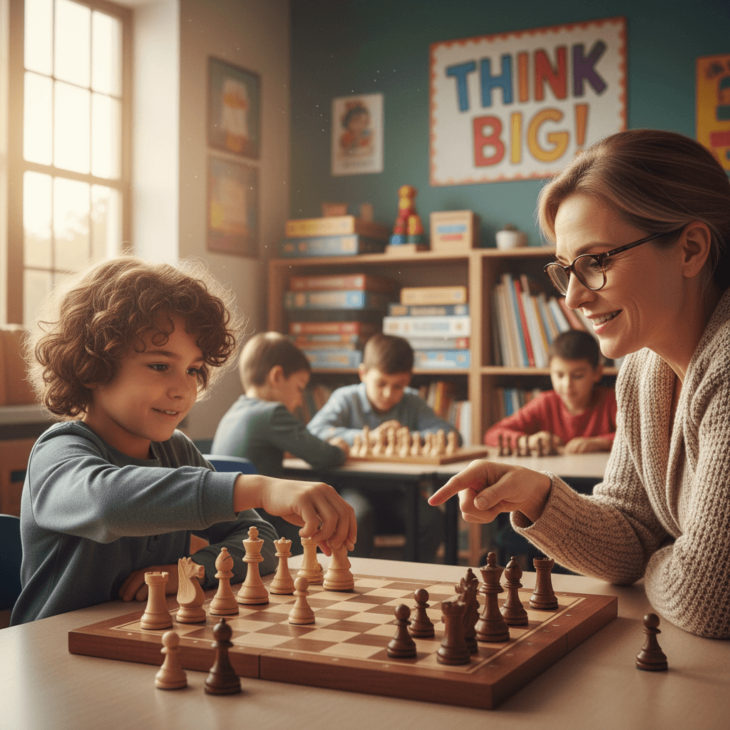 Child moving a chess piece with a coach observing